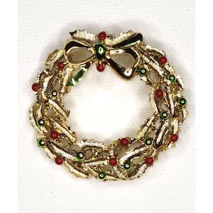 Vintage Gerry’s Christmas Wreath Brooch Gold-Tone Red Green Enamel Bow 1.5"